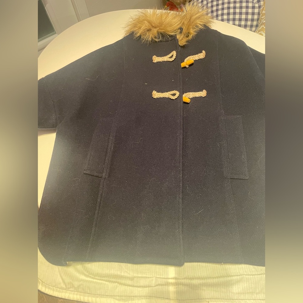 Crewcuts J.Crew Short Sleeve Toggle Zip Navy Wool Coat Sherpa Cape Sz L